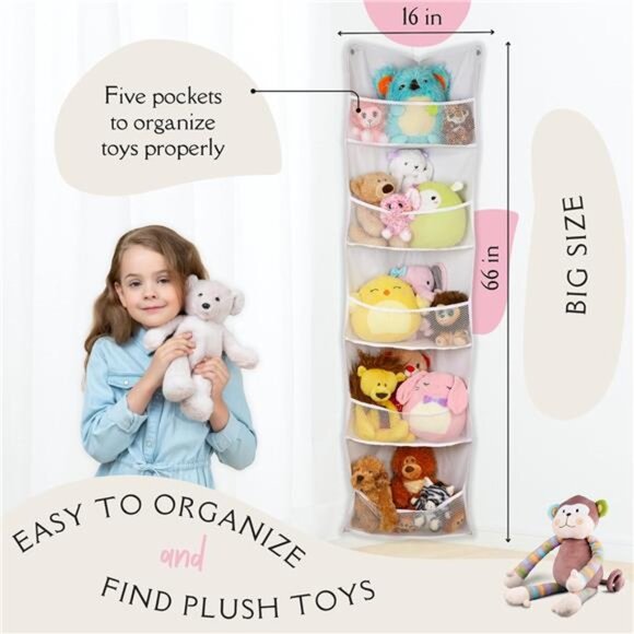 Corner Stuffed Animal Toy Storage Hanging Organizer | 5 Expandable Mesh Net - Picture 3 of 8